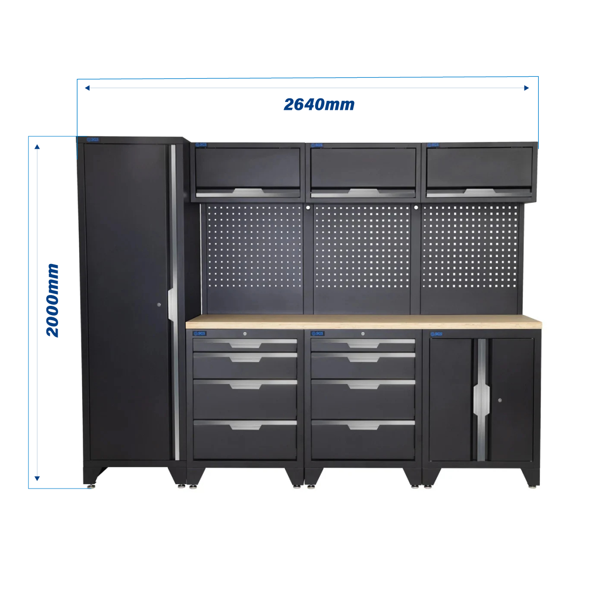 SGS 10pc Modular Garage Storage | 8 Drawers | Plywood Worktop | Tall Single Cabinet | Floor Cabinet | 3x Upper Cabinets